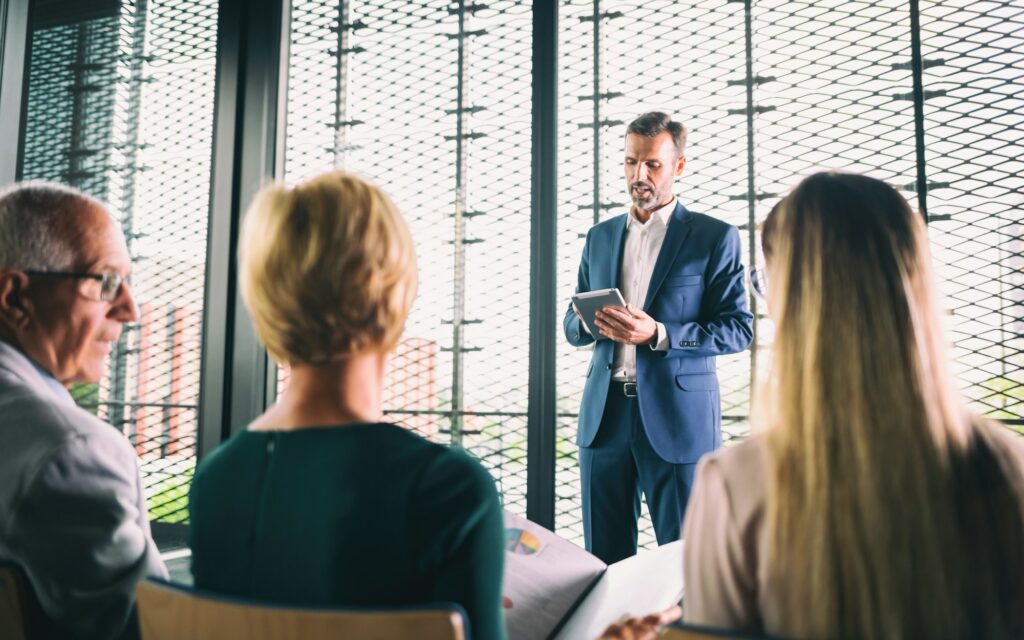 Businessman coach in the auditorium